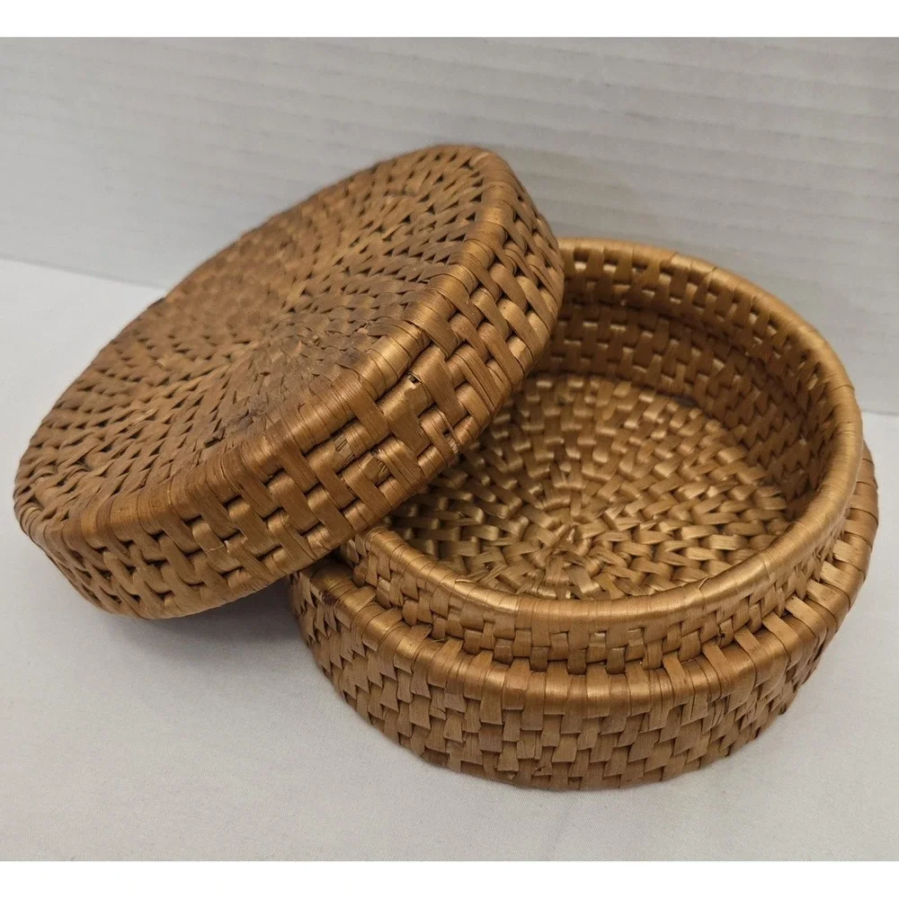 Vintage Round Woven Rattan Lidded Basket - 5